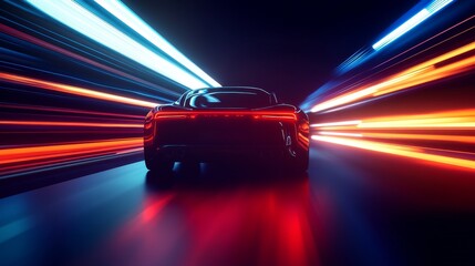 A black sports car races through a tunnel, leaving streaks of red and blue light in its wake, symbolizing speed, power, and dynamism.