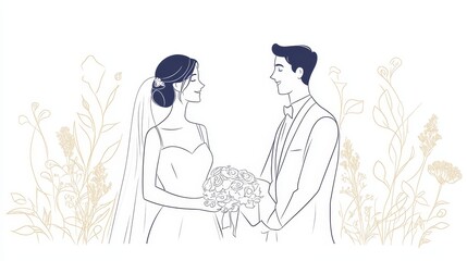 Obraz premium A bride and groom stand facing each other, surrounded by delicate floral details, symbolizing love, commitment, and a new beginning.