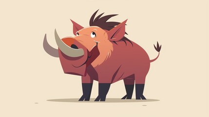 Fototapeta premium Cute warthog standing with tusks clipart, simple cartoon 2D, flat art