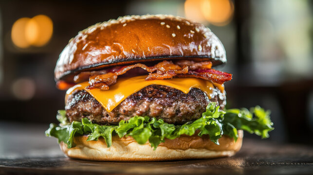 A gourmet hamburger with a realistic meat patty in the center, looking delicious with