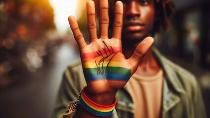 Male palm raised up, rainbow bracelet on the hand. Close-up. Blurred background. LGBT movement and PRIDE concept