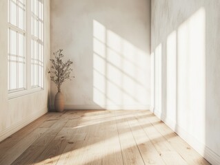 A room with a large window and a vase with a plant in it