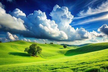 Fototapeta premium Serene green hillside landscape with lush grass, fluffy white clouds drifting across a brilliant blue sky, perfect for a calming window wallpaper backdrop.