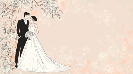 A charming illustration of a wedding couple standing under a floral arch, symbolizing love, commitment, and the beauty of new beginnings.