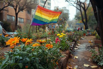 Serene LGBT Community Garden with Planting Flowers and Vegetables.