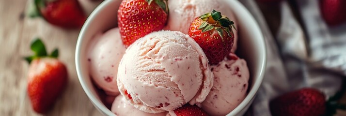 A close-up of a bowl of strawberry ice cream with fresh strawberries on top. The ice cream is pink and creamy, and the strawberries are red and juicy. This image is perfect for representing summer, de