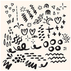 Hand drawn doodles, sketch drawing scribbles, various shapes elements set With illustration style doodle and line art