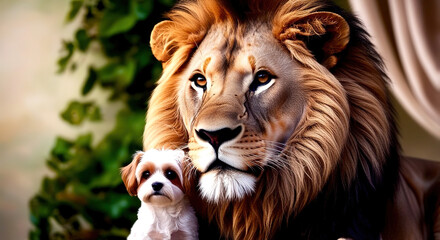 Fototapeta premium Lion with a small dog on a solid background