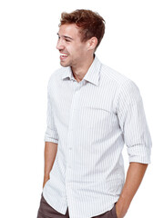 Man, happy and relax in studio for fashion, laughing and reaction to joke or story. Male person,...