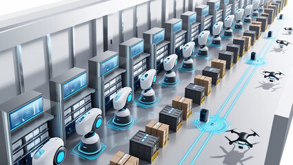 Obraz premium Futuristic isometric illustration of intelligent warehouse management system,