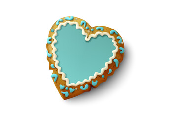 A delicious heart-shaped cookie decorated with light blue icing and intricate patterns. The cookie is isolated on a white background, making it ideal for Valentine’s Day promotions, bakery ads. Vector