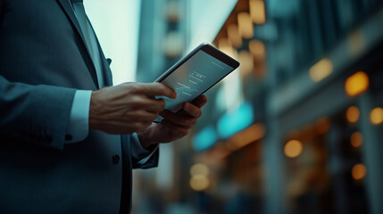 Agile data analysis on-the-move. Businessman using tablet to review analytics while commuting, blurred urban landscape signifying mobility and flexibility.