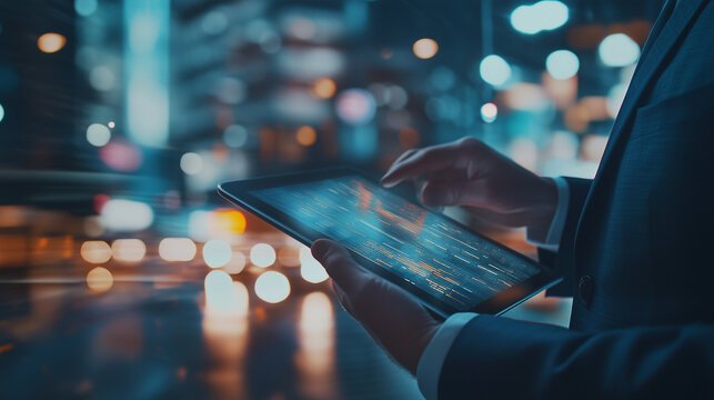 Agile data analysis on-the-move. Businessman using tablet to review analytics while commuting, blurred urban landscape signifying mobility and flexibility. - Powered by Adobe