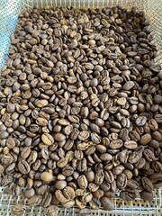 Coffee beans in a basket, closeup of photo.