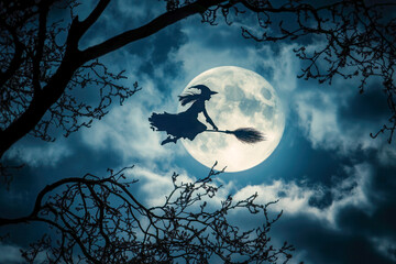 Silhouette of a witch flying on a broomstick against a full moon, surrounded by eerie tree branches and a cloudy night sky