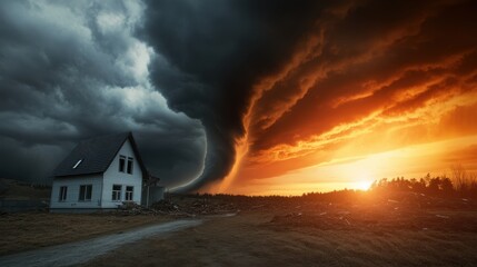 Dramatic Tornado Approaching a Lonely House at Sunset with Dark Storm Clouds and Bright Orange Sky