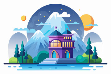 A whimsical purple building with a large window sits in front of a snowy mountain range at night.