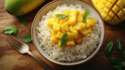 mango and rice on one plate. The white bowl contains yellow-colored sweet coconut milk inside and a fork is placed next to it