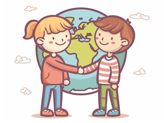 International student exchange clipart, globe friendships, flat art, simple cartoon 2D emblem