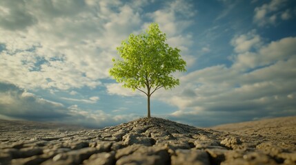 Lone Green Tree on Cracked Earth Under a Dramatic Sky Symbolizing Hope and Resilience in a Harsh Environment