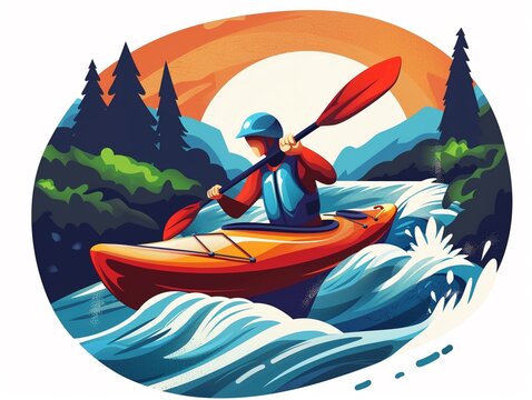 recommend clip art: Kayaker navigating rapids clipart, flat vector art, river adventure, simple cartoon 2D