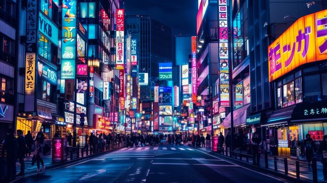 Bright neon signs adorn the busy streets of Tokyo as pedestrians explore and vibrant nightlife unfolds in the evening