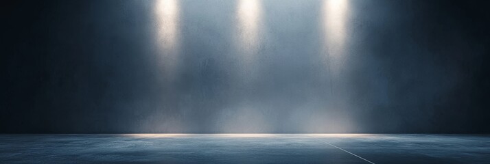 Obraz premium A dark, industrial stage with three spotlights illuminating the center, creating a dramatic and impactful backdrop for product displays, presentations, and showcasing.