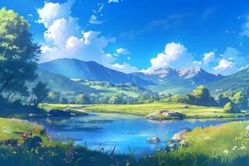 Vibrant anime landscape of a river flowing through a green valley with mountains and blue sky, perfect for fantasy or adventure backgrounds.