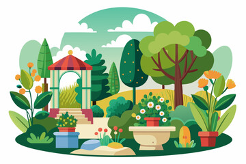 A Colorful Garden with a Gazebo and Flowers