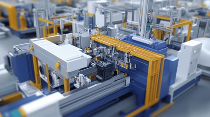 A detailed view of an automated manufacturing line, showcasing robotic arms, conveyor belts, and precision machinery. The image symbolizes efficiency, automation, industrial production, technology, an