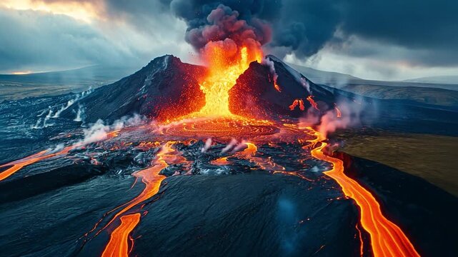 The scene is apocalyptic, with flaming lava scalding and gushing out of the crater, volcanic fumes, and smoke billowing around.