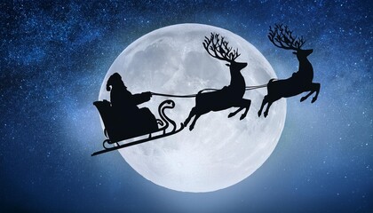 Silhouette of Santa Claus on the sleigh pulled by reindeer flying in the moonlight