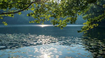 Sunlight streaming through leaves creates a pattern on a calm lake surface