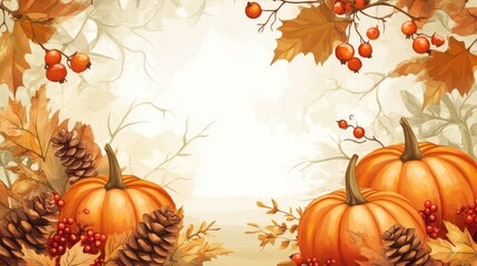 Thanksgiving background with pumpkins, pine cones, autumn leaves and berries, blank space. The generation of AI