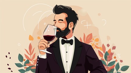 Sommelier tasting wine clipart, flat art, wine expertise, simple cartoon 2D emblem