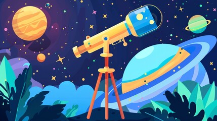 Space and astronomy education clipart, telescope viewing, flat art, simple cartoon 2D emblem