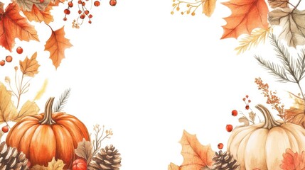 Fototapeta premium Thanksgiving background with pumpkins, pine cones, autumn leaves and berries, blank space. The generation of AI
