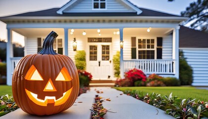 Obraz premium halloween pumpkin lantern at front of family house 