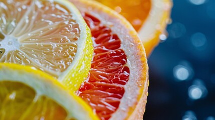 Close-up photograph of a slice of citrus fruit showing juicy segments, ultra-sharp and clear