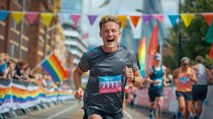 Inclusive Marathon Event with Runners Sporting Rainbow Numbers and Supporters.