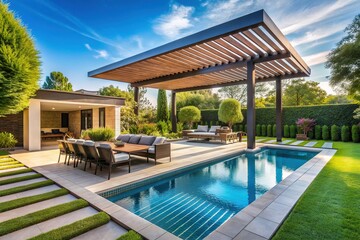 Fototapeta premium Sleek modern pergola structure defines outdoor living space in luxury home, surrounded by lush green garden and sparkling blue swimming pool on sunny day.