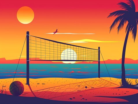 Sunset beach volleyball clipart, summer fun, flat art, simple cartoon 2D emblem