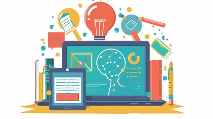 Technology in education clipart, digital tablets, flat art, simple cartoon 2D emblem
