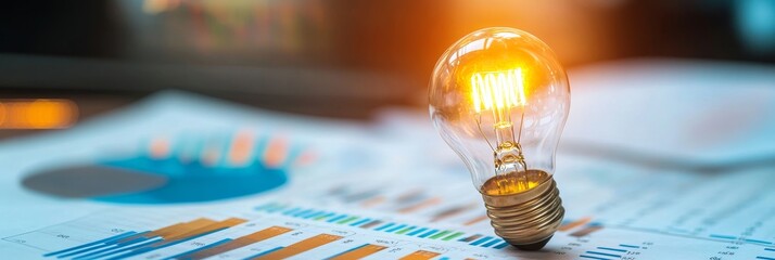 A glowing lightbulb rests atop a financial chart, symbolizing innovative ideas, financial success, business growth, and a bright future.