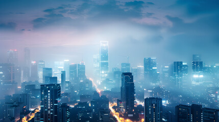 Naklejka premium Urban skyline masked by PM 25, spotlighting urgent tech innovations and streamer awareness