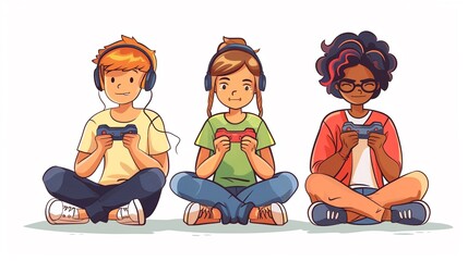 Teenagers playing video games clipart, flat art, digital fun, simple cartoon 2D emblem
