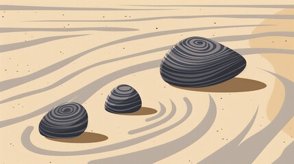 Naklejka premium Tranquil Zen rock garden clipart, raked sand, flat art, simple cartoon 2D emblem