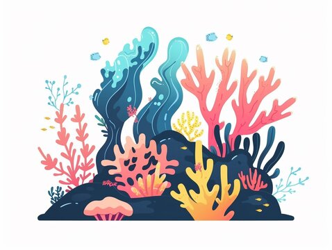 recommend clip art: Underwater coral reef exploration clipart, marine life, flat vector art, simple cartoon 2D emblem