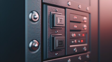Fototapeta premium Close-up view of a textured control panel featuring various buttons and switches in a modern industrial design.