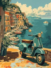  A vintage illustration of a coastal Italian town with a parked scooter in the foreground. © Jumpingsack